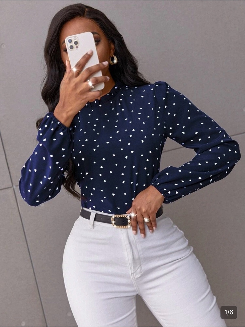 SHEIN Clasi Confetti Heart Print Bishop Sleeve Frilled Neck Blouse